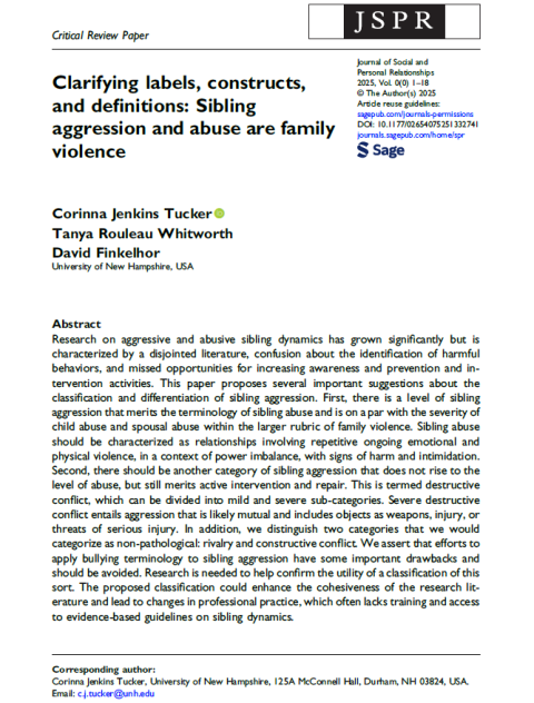 First page of "Clarifying labels, constructs, and definitions: Sibling aggression and abuse are family violence"