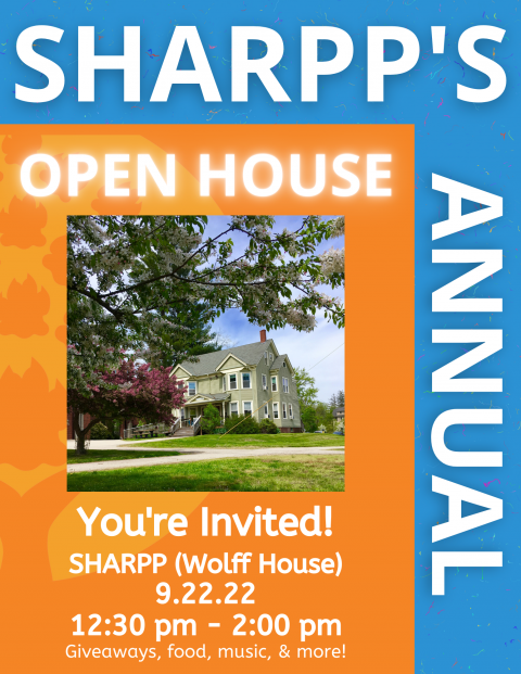 Photo of Wolff House in the spring with details of SHARPP's Open House date/time
