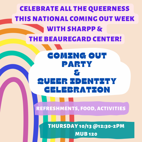 Rainbow with event details written on top of it. Reads "celebrate all the queerness this national coming out week with SHARPP & The Beauregard Center! Coming Out Party & Queer Identity Celebration. Refreshments, food, activities. Thursday 10/13 1230-2pm in MUB 120