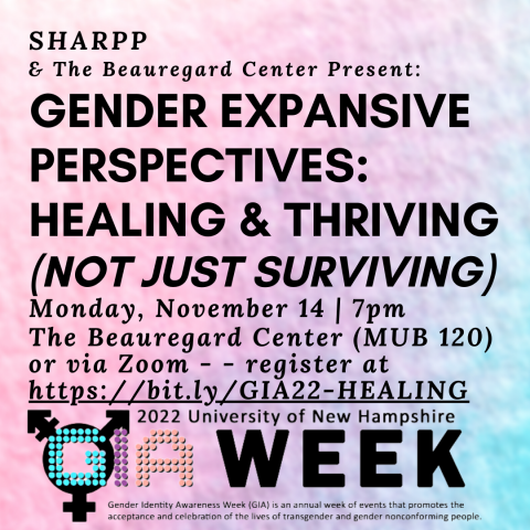 Gender Expansive Perspectives: Healing & Thriving Flyer. Has all details website has written on pink, blue, and purple background