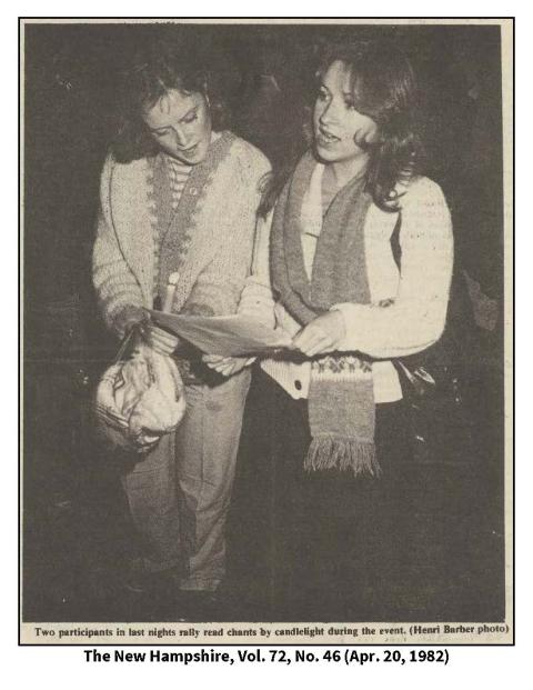 Two female students speak at the second annual take back the night (1982)