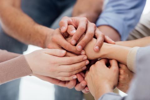 Numerous people's hands supporting each other.