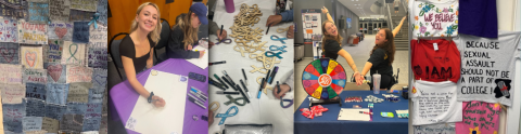 five photos in a webpage header. Photos include a smiling student making a poster, denim patches with written messages for survivors, clothesline project t-shirts, smiling student volunteers tabling