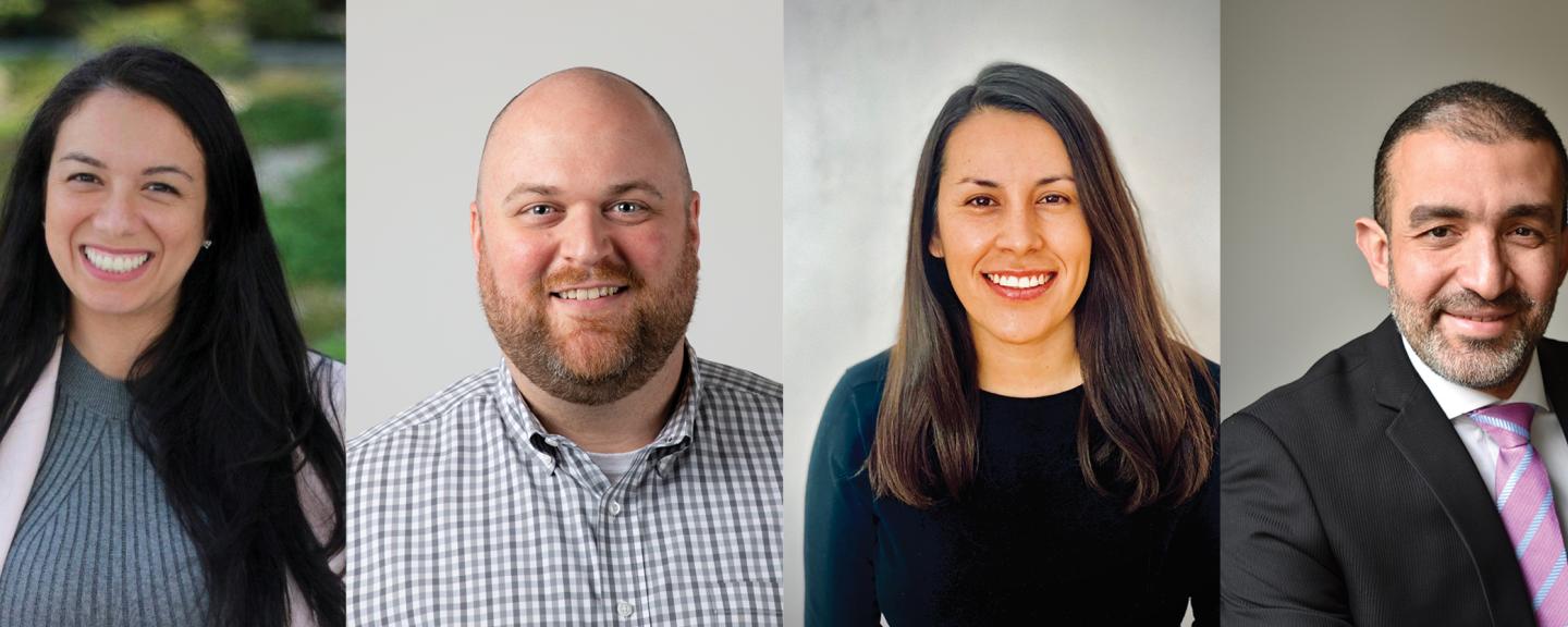 Four headshots, starting on the left, of a woman with black hair, a bald male with a beard, a woman with brown hair and a man in a suit