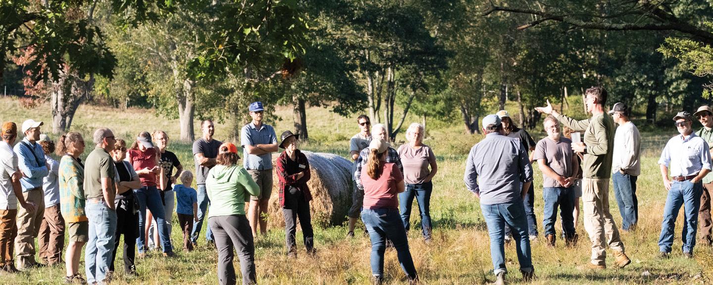 A group of people gather in a field