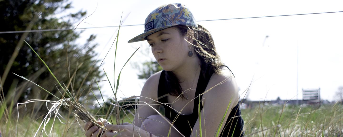 A woman squats while examining beachgrass