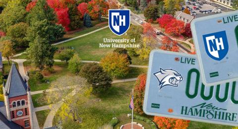 UNH License Plates collaged with an overhead view of the campus