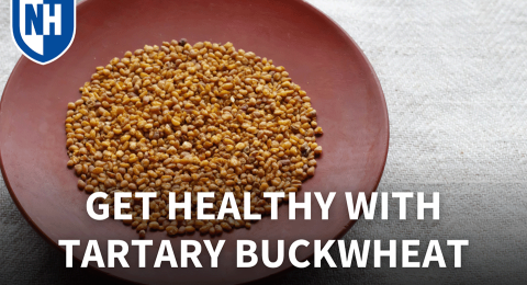 An image of a bowl with tartary buckwheat seed and text reading "Get Healthy With Tartary Buckwheat"
