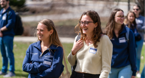 Accounting students Alyssa Crotty and AnnMarie Tremblay await scavenger hunt instructions at a recent team building event for current and new students accepted into Paul College's MSA Financial Leadership in Accounting Pathway.