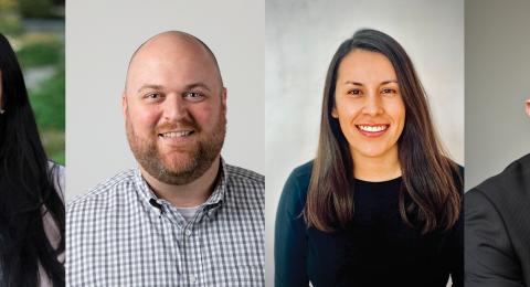 Four headshots, starting on the left, of a woman with black hair, a bald male with a beard, a woman with brown hair and a man in a suit