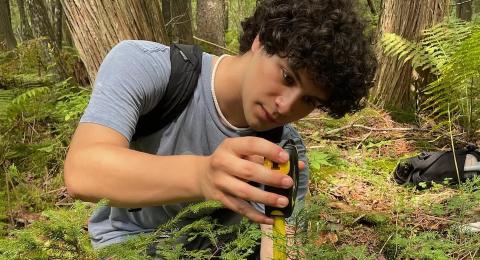 A photo of graduate student Reece Ciampitti measuring the height of a small tree