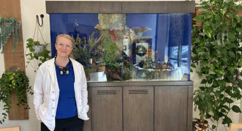 Lisa Hilpl ’98 stands in the lobby of Comfort Care Dental, the Mansfield, Mass. practice she opened in 2024.