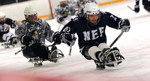 Two sled hockey players skate up the ice