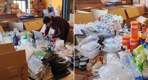 person sorting through recycling in a room