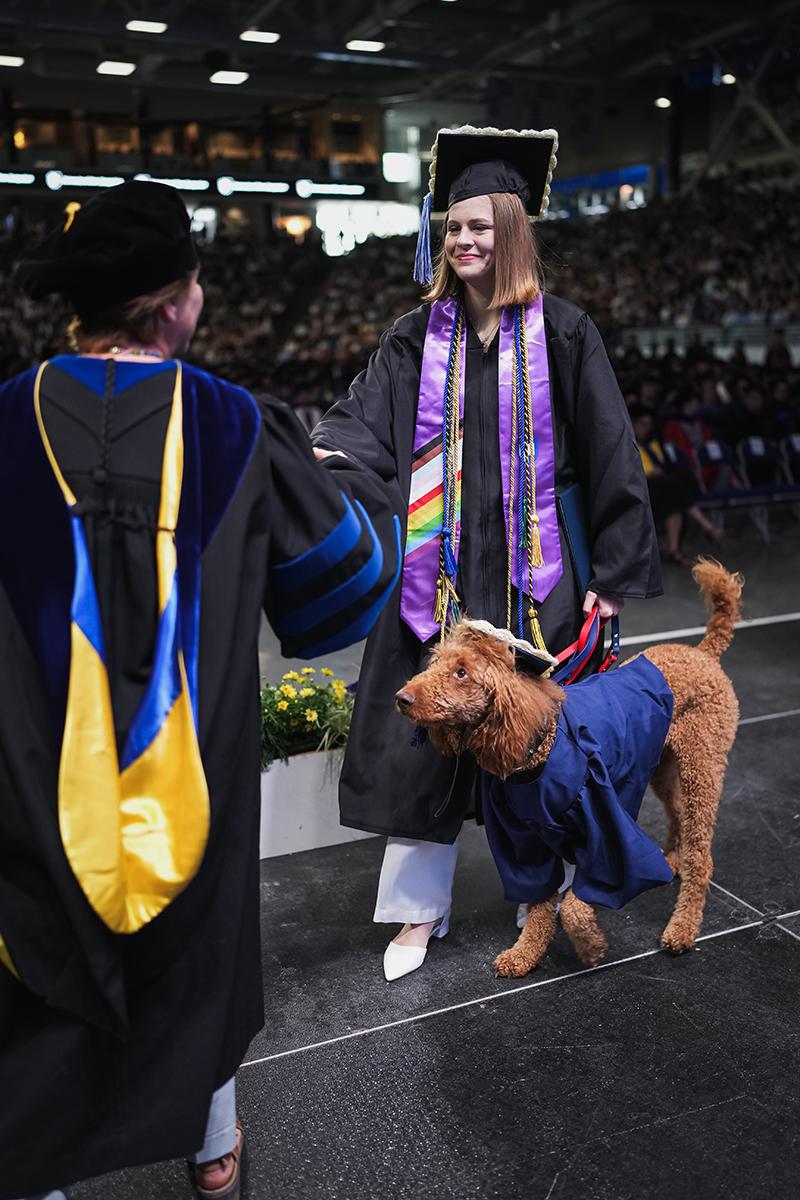 A woman graduate and a dog in a grad cap walk across the stage at commencement