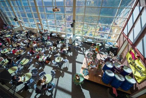 aerial view of UNH students in Union Court sitting at tables