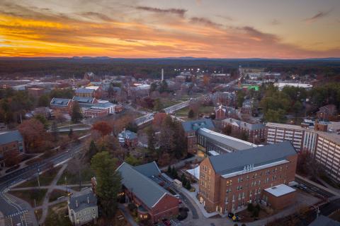 sunset over the Durham campus arial shot