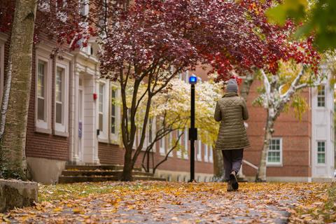 Student walking on campus in the Fall season with a blue safety light on a pole nearby