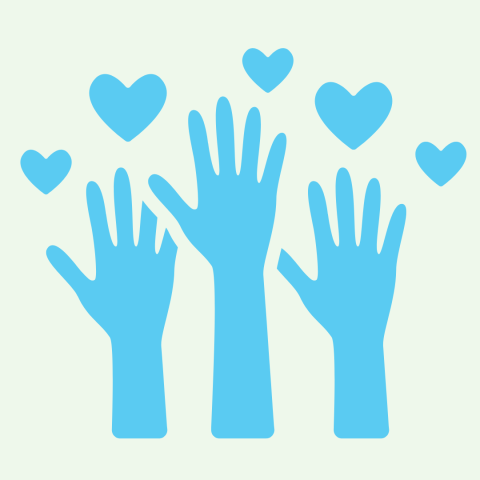 Blue hands being raised with hearts around them
