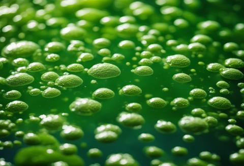 A photo of harmful algal blooms growing across a lake