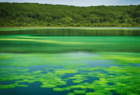 An image of harmful algal blooms on a lake with a forest in the background