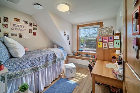 A dorm room inside renovated hetzel hall.