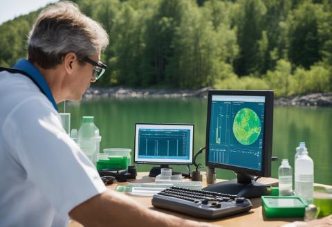 A scientist studying data on a computer, looking at harmful algal bloom growth