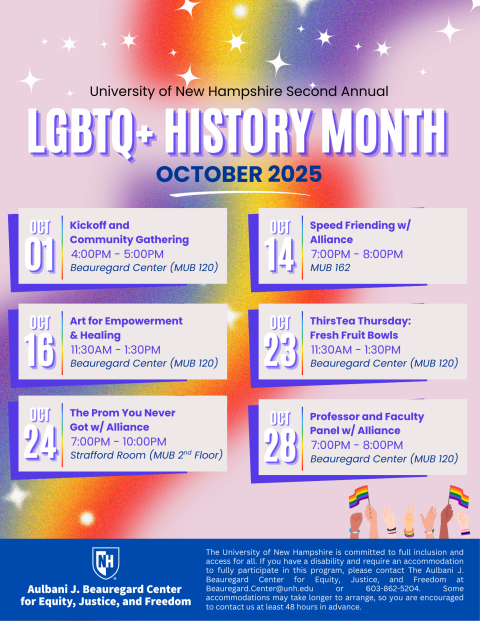 LGBTQ+ History Month Calendar of Events (info included on website) rainbow faded design in background