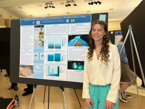 Lynn presenting at the 2024 URC with my poster on nocturnal octopus behavior from my study abroad experience in the Turks and Caicos Islands 