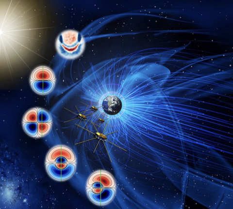 Illustration of four small spacecraft at the edge of the magnetosphere with electron data in different shapes nearby.