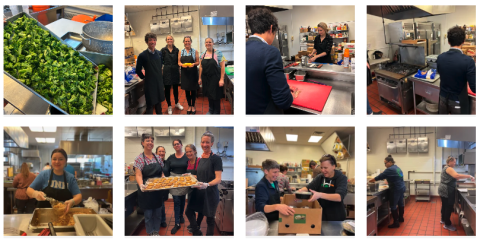 a grid of 8 images showing people working in a kitchen to prepare meals
