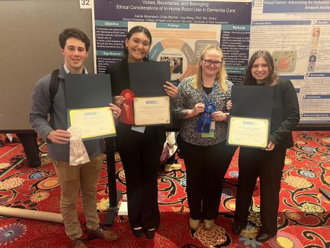 UNH nursing students swept top undergraduate research poster awards at the Eastern Nursing Research Society Conference. Pictured (left to right): Luke Ricci ’26, Meryam Belhassad ’26, Aubrie Woodward ’28 and Chloe Mitchell ’28.