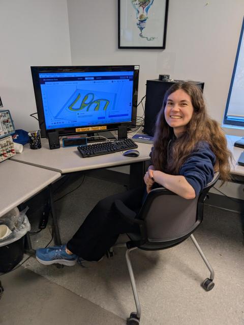 Emma Wilusz ’27, a bioengineering major and Makerspace Mentor, shares a design file for a bottle opener