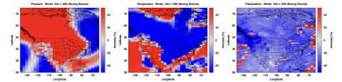 Three maps with red and blue pixels to show where weather patterns would change after a solar storm.
