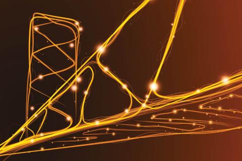 Illustration of glowing golden light trails forming interconnected pathways against a dark background