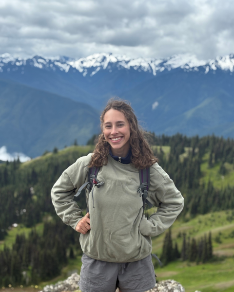 a person standing outside with mountains in the background