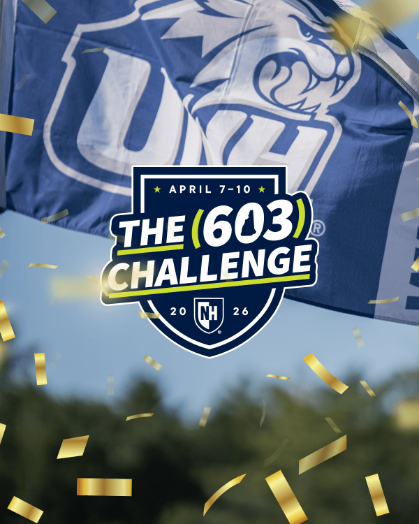 The UNH (603) Challenge shield on top of a blue flag that says UNH