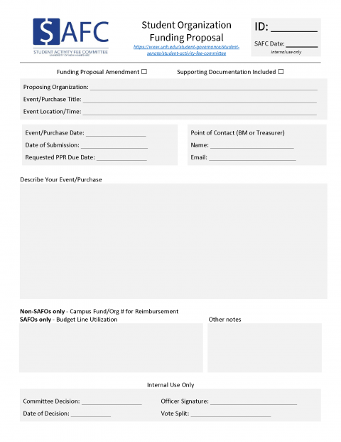 SAFC student organization proposal form (first page)