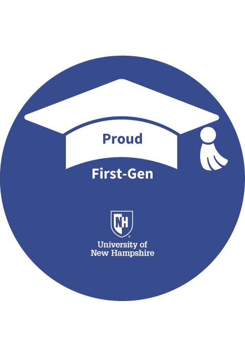 Graduation cap with Proud First-Gen label and UNH logo below