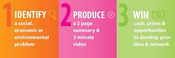 Identify a social economic or environmental problem. Produce a 2 page summary and 3 minute video. Win cash prizes and opportunities to develop your idea and net work