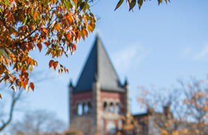 Thompson hall in the distance with leaves in the foreground