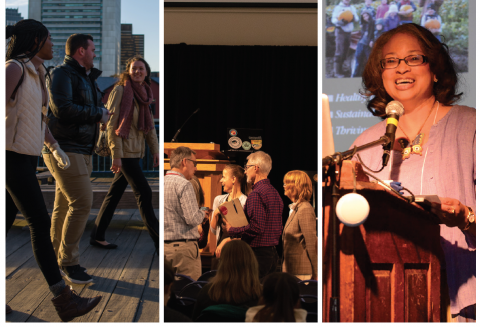 people walking, talking at event and a presenter