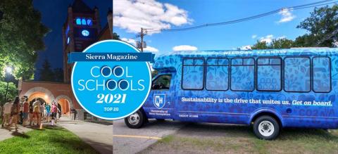 Sierra Cool Schools logo 2021 with UNH sustainability bus and students on campus