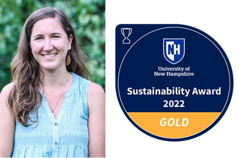 Olivia Saunders with gold sustainability award icon