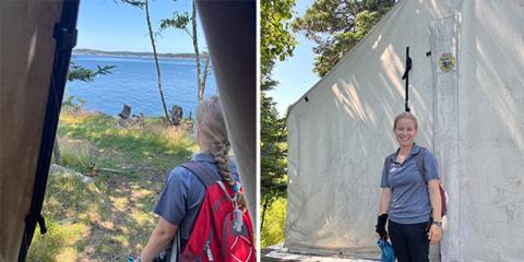 two photos of Natalie standing at the tent door overlooking the ocean