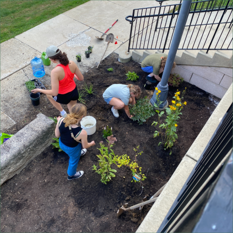 students planting in a garden
