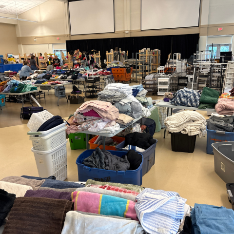 large room with items set up on tables