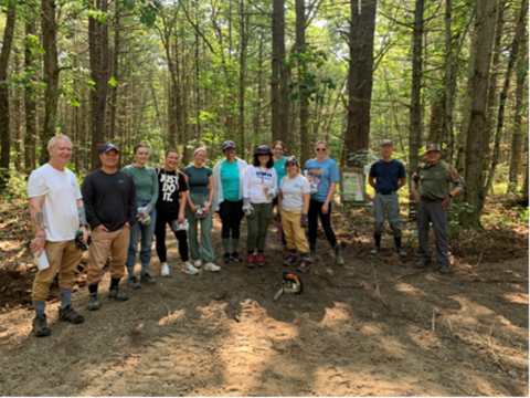a group of people standing at the edge of the woods outside