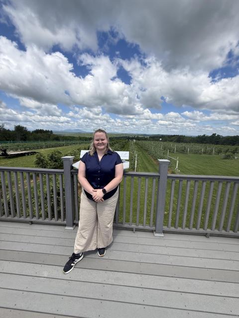person standing by a railing outside with fields and a cloudy sky