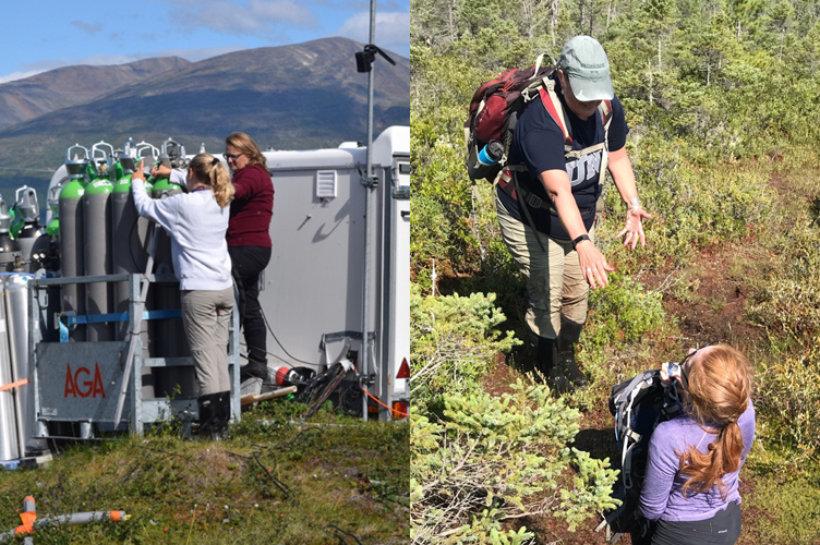 Left photo shows Dr. Ruth Varner working with a group of students; right photo shows Clarice Perryman standing in a bog while a student retrieves her backpack.